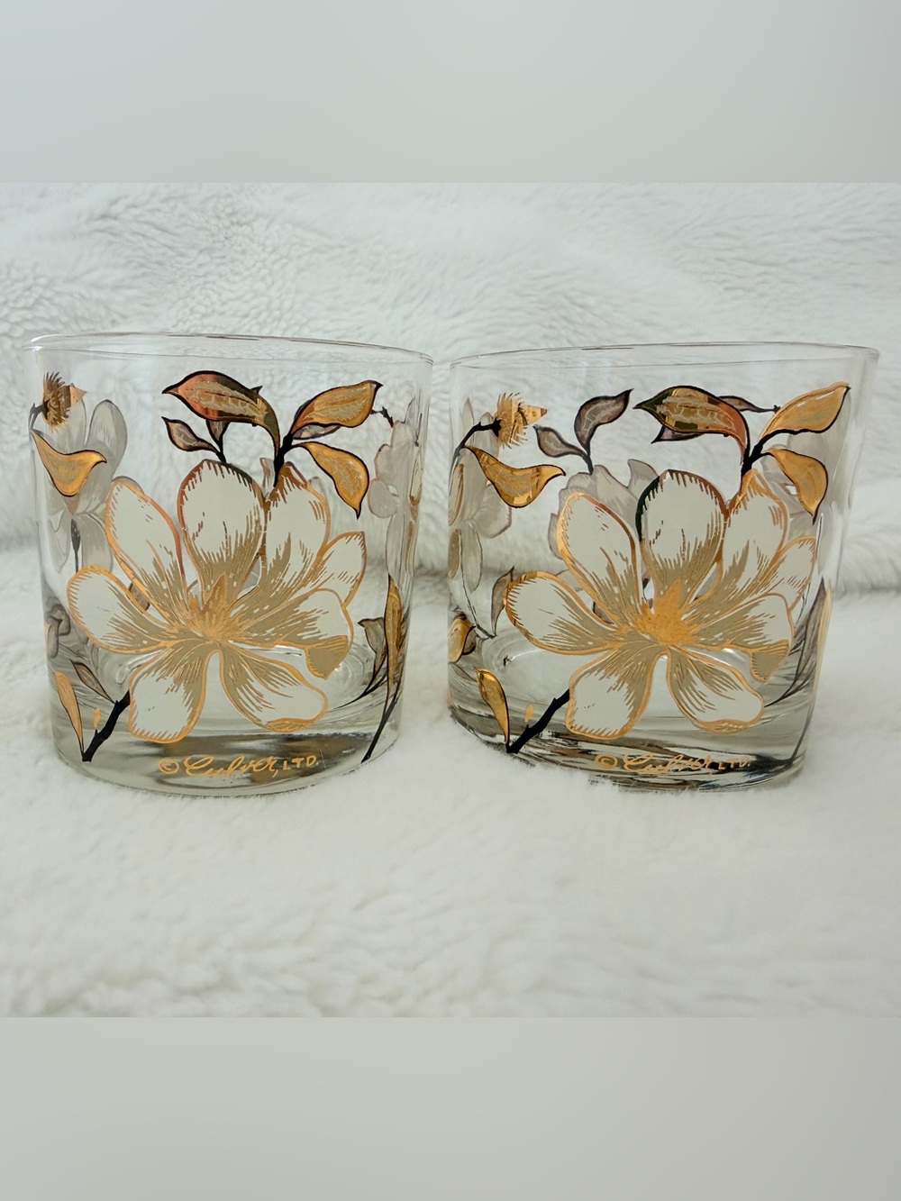 Vintage Culver Ltd Magnolia Gold Flower Lowball Glasses - Set of 2 - Midcentury